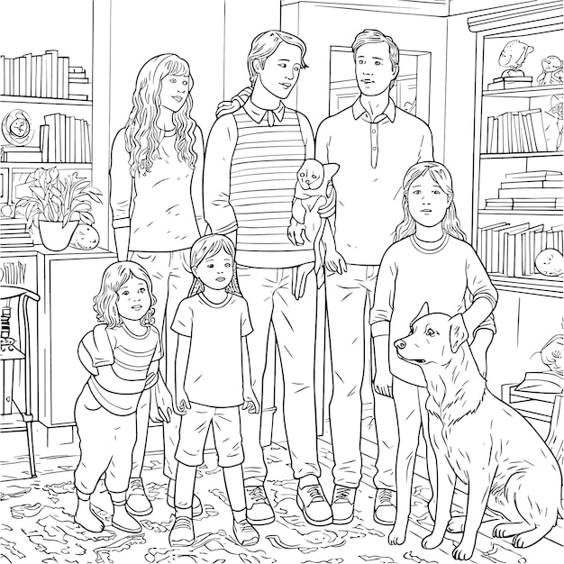 Illustrazione per colorare pagina di libro famiglia