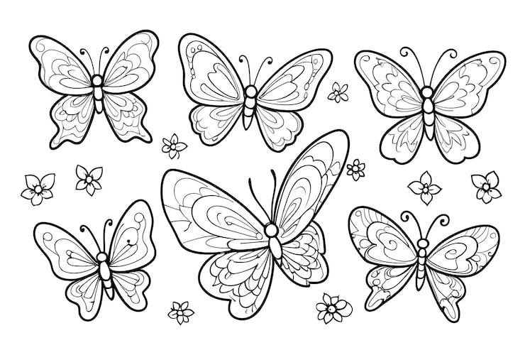 Illustrazione per libri da colorare per adulti Set di tatuaggi Farfalle Illustrazione vettoriale