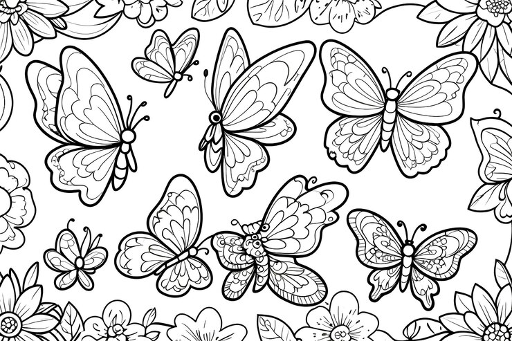 Illustrazione per libri da colorare per adulti Set di tatuaggi Farfalle Illustrazione vettoriale