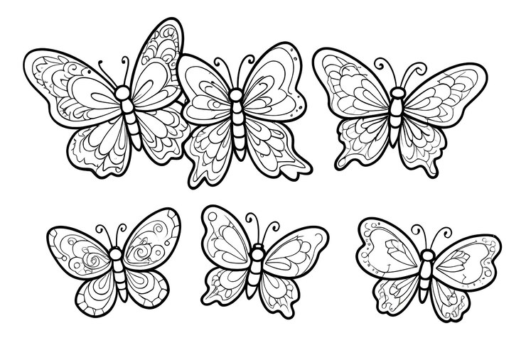 Illustrazione per libri da colorare per adulti Set di tatuaggi Farfalle Illustrazione vettoriale