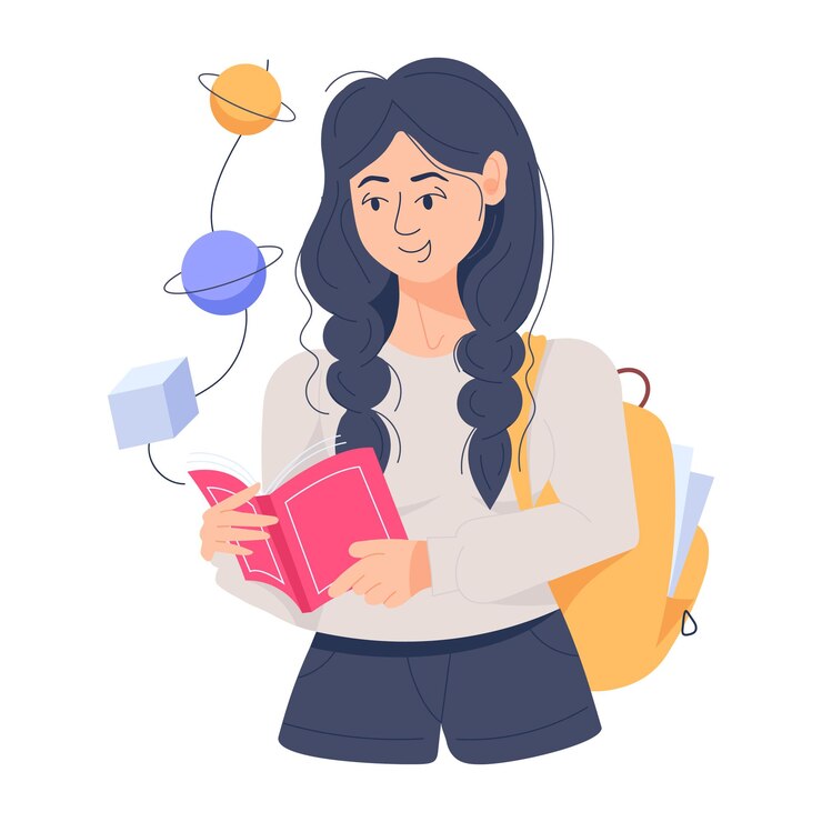 Vettore illustrazione piana dei libri di studio della ragazza