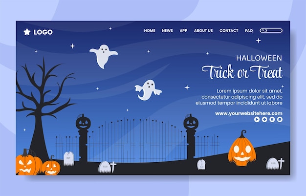 Illustrazione piana del fumetto disegnato a mano del modello della pagina di destinazione dei social media della festa di notte di Halloween
