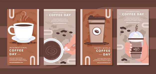 Illustrazione piana del fumetto disegnato a mano del modello di storie di Ig dei social media della giornata internazionale del caffè