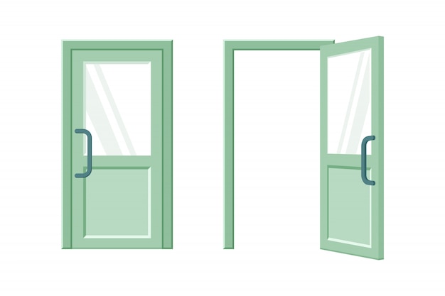 Illustrazione piana della porta verde aperta e chiusa