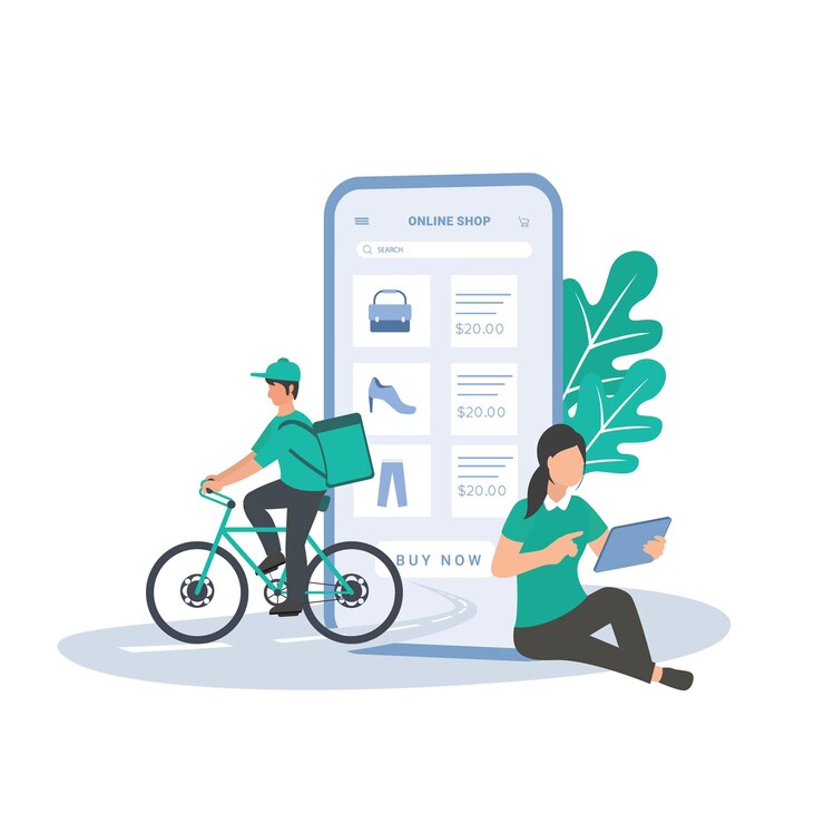 Illustrazione piana di acquisto e consegna online di e-commerce