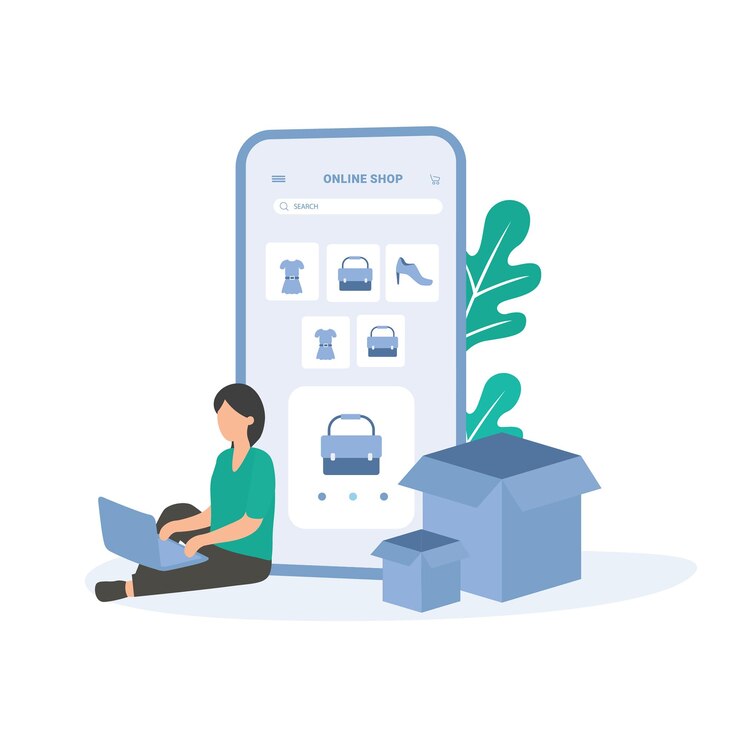 Illustrazione piana di acquisto e consegna online di e-commerce