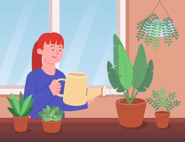 Illustrazione piana di irrigazione delle piante d'appartamento della donna