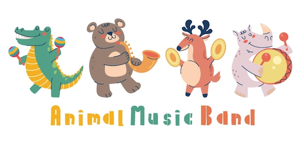 Illustrazione piana di progettazione grafica di concetto dell'orchestra di personaggi carini animali della banda musicale