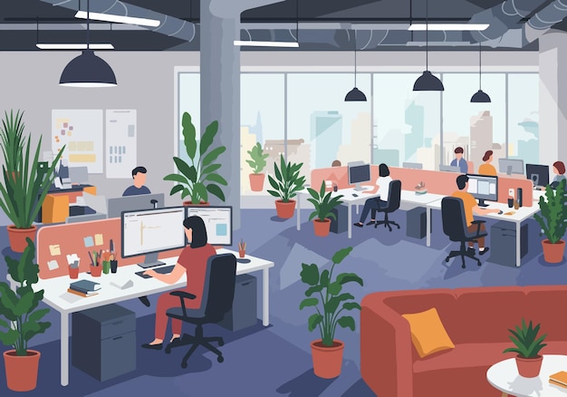Illustrazione piana di un moderno ufficio OpenPlan con professionisti che lavorano alle scrivanie Luogo di lavoro elegante