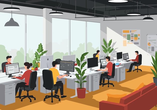 Illustrazione piana di un moderno ufficio OpenPlan con professionisti che lavorano alle scrivanie Luogo di lavoro elegante