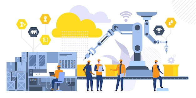 Illustrazione piana di vettore del macchinario robotico. Operai di fabbrica, ingegneri personaggi dei cartoni animati. Tecnologie di produzione ad alta tecnologia. Colleghi in piedi vicino alla catena di montaggio. Concetto di rivoluzione industriale