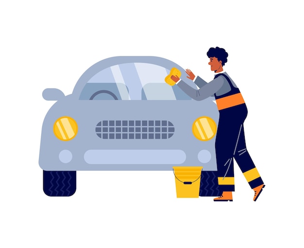 Illustrazione piana di vettore dell'automobile di lavaggio e lucidatura del lavoratore di servizio dell'automobile isolata