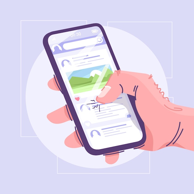 Illustrazione piana di vettore di svago di media sociali. Passatempo moderno, concetto di stile di vita del fumetto. Idea di attività alla moda. Mano dell'utente che tiene smartphone con post online. Tecnologia Internet, intrattenimento mobile