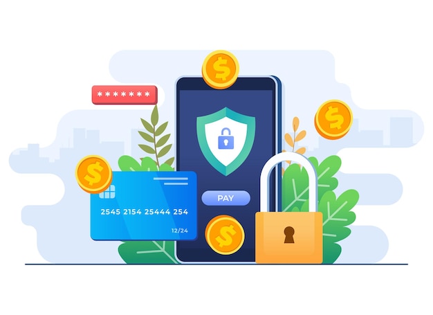Illustrazione piatta del concetto di pagamento bancario mobile sicuro