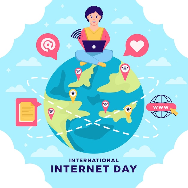 illustrazione piatta della giornata internazionale di internet con un uomo che naviga in internet