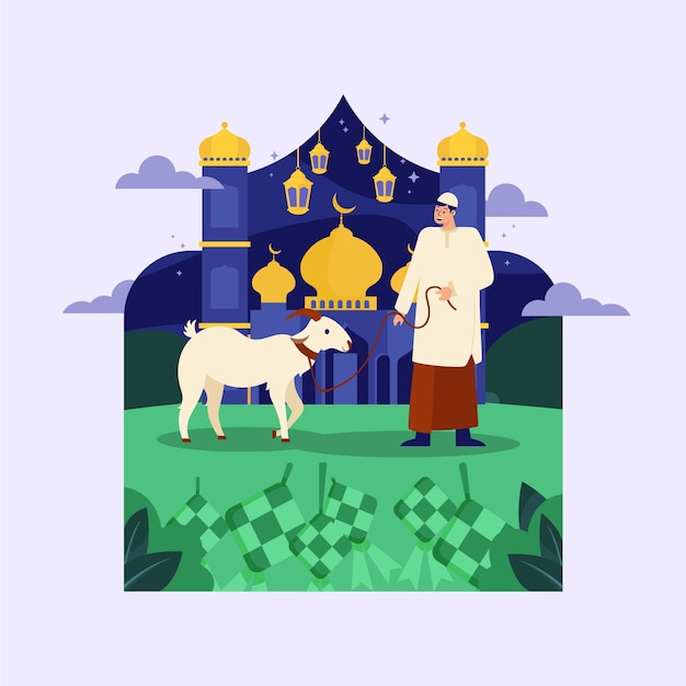 Illustrazione piatta di eid al-adha con capra e uomo