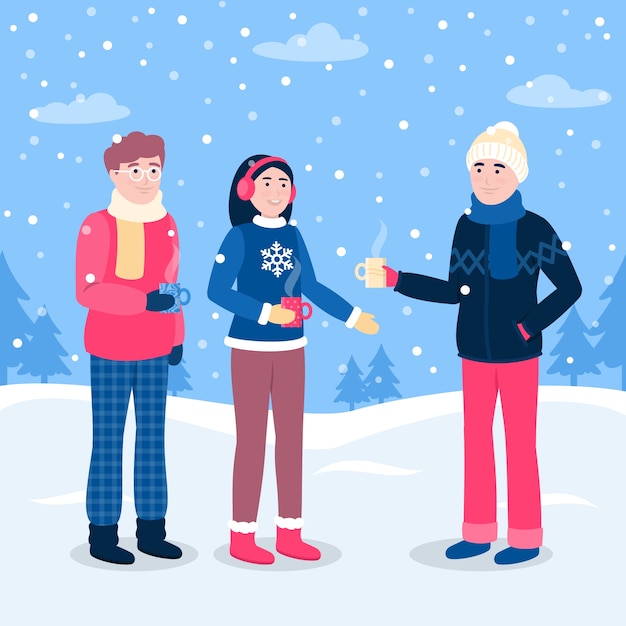 Illustrazione piatta di gente invernale