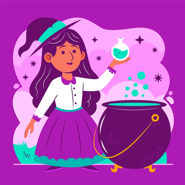Illustrazione piatta di Halloween con una strega