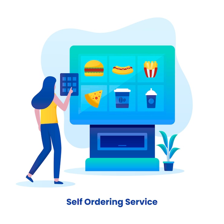 Vettore illustrazione piatta di illustrazioni del concetto di servizio di ristorazione self-order per pagine di destinazione di siti web poster e banner di applicazioni mobili