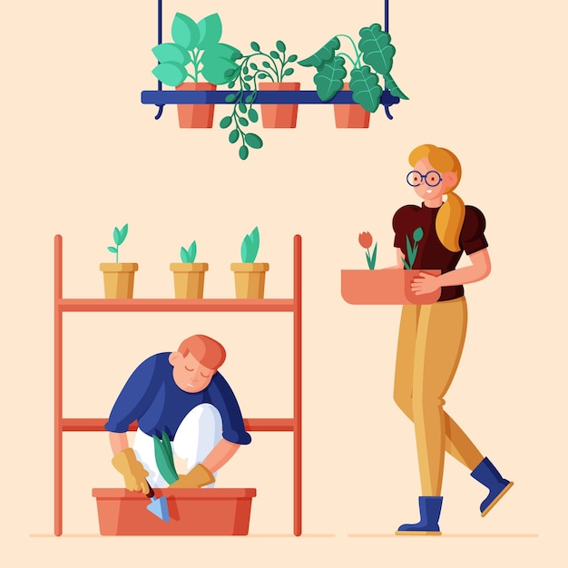 Illustrazione piatta di persone che si prendono cura delle piante