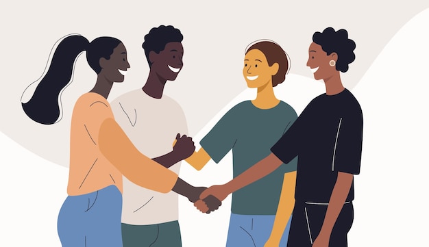 Illustrazione piatta di persone con colori di pelle diversi Uomini donne si stringono la mano Africani Amici felici