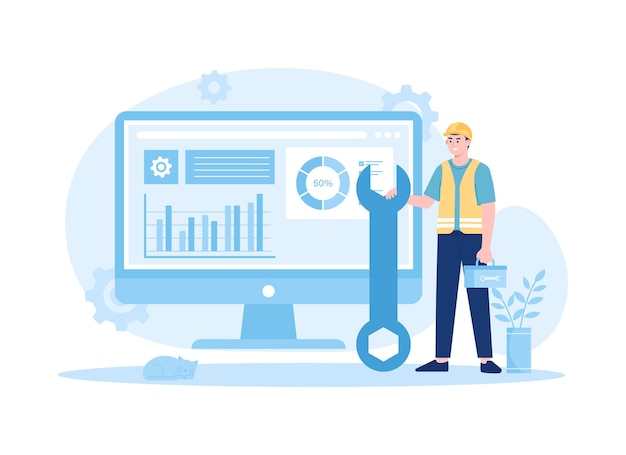 Illustrazione piatta di tendenza del concetto di consulenza per la riparazione del sistema