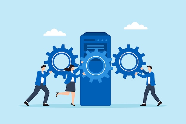 Illustrazione piatta di tre persone che assemblano un sistema di ingranaggi attorno al server per gestire una rete sicura utilizzando i protocolli di sicurezza informatica