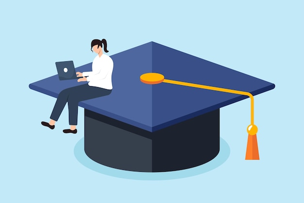 Illustrazione piatta di una donna intelligente che studia con un portatile sul berretto di laurea che simboleggia il successo accademico e l'apprendimento