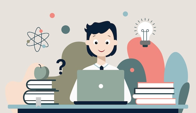 Illustrazione piatta di uno studente seduto a una scrivania con un portatile e libri Semplici simboli educativi Colori soffici e attenuati