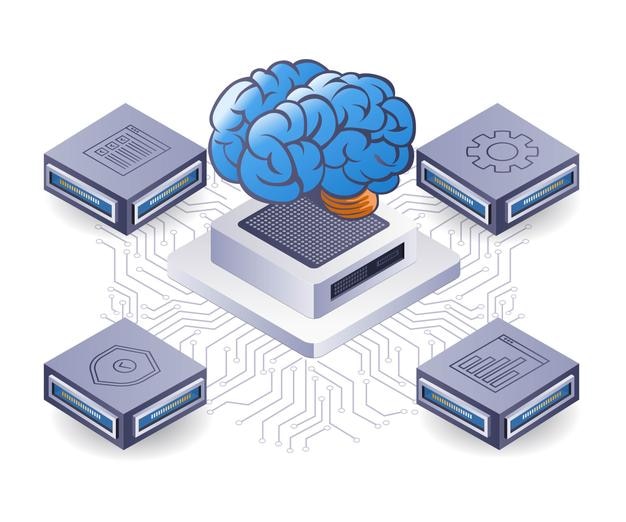 Illustrazione piatta isometrica della tecnologia aziendale di intelligenza artificiale di rete