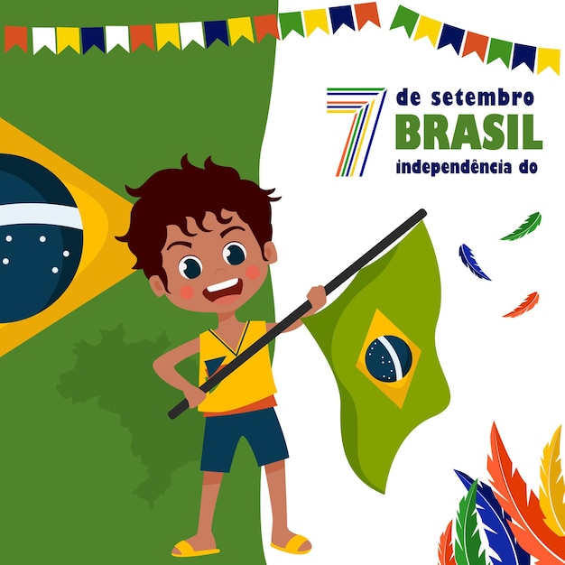 Illustrazione piatta per la celebrazione del 7 settembre con ragazzo carino e bandiera brasiliana