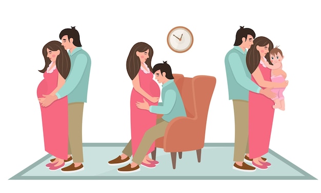 Illustrazione piatta sulla gravidanza e il parto Giovane donna incinta con suo marito