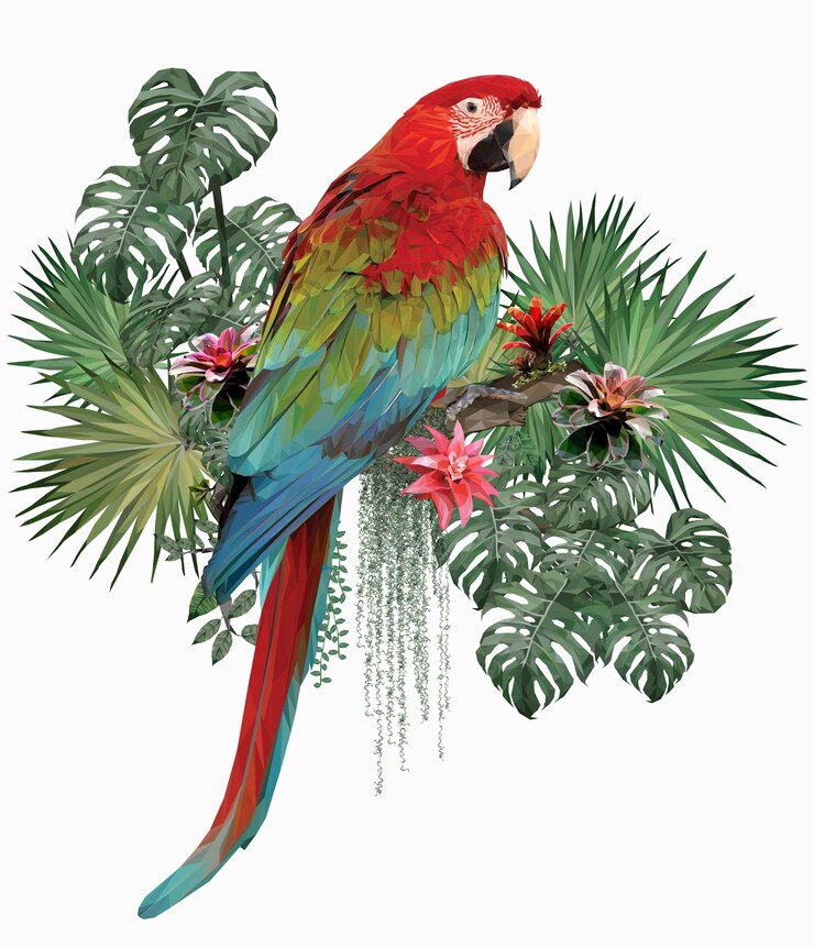 Vettore illustrazione poligonale verde uccello alato ara con foglie di amazon.