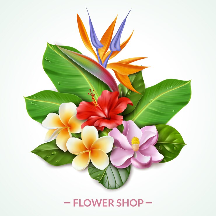 Illustrazione raelistica della composizione nei fiori esotici. Illustrazione composta da fogliame esotico tropicale isolato di fiori e foglie bouquet in stile realistico