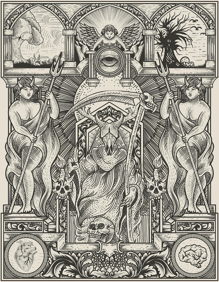 Vettore illustrazione re satana sullo stile gotico dell'ornamento dell'incisione