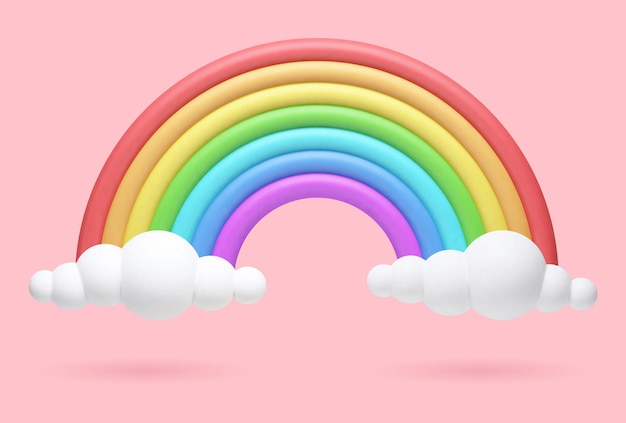 Illustrazione realistica 3d vettoriale di un arcobaleno a 7 colori su sfondo rosa con nuvole