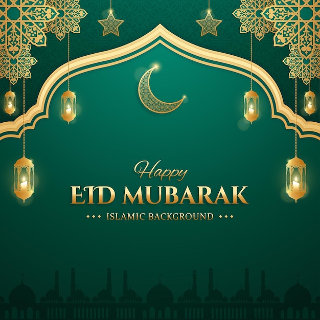 Illustrazione realistica dell'Eid Mubarak con lanterna e ornamenti arabi tridimensionali