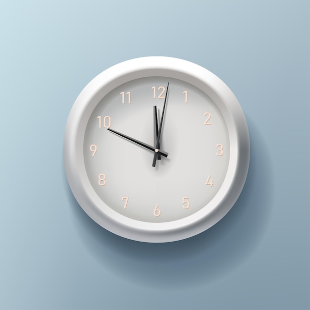 Illustrazione realistica dell'orologio analogico 3D con numeri e frecce che puntano minuti ore e secondi icona bianca luce e ombra