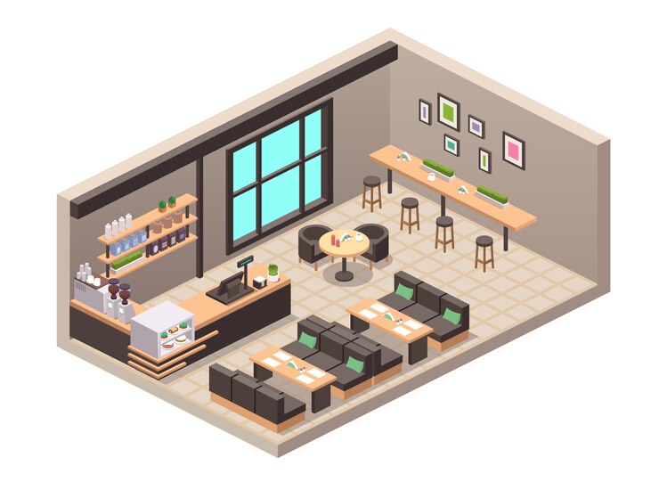 illustrazione realistica di bar o caffetteria. Vista isometrica di interni, tavoli, divano, sedili, bancone, registratore di cassa, torte dolci in vetrina, bevande in bottiglia sugli scaffali, macchina da caffè, arredamento