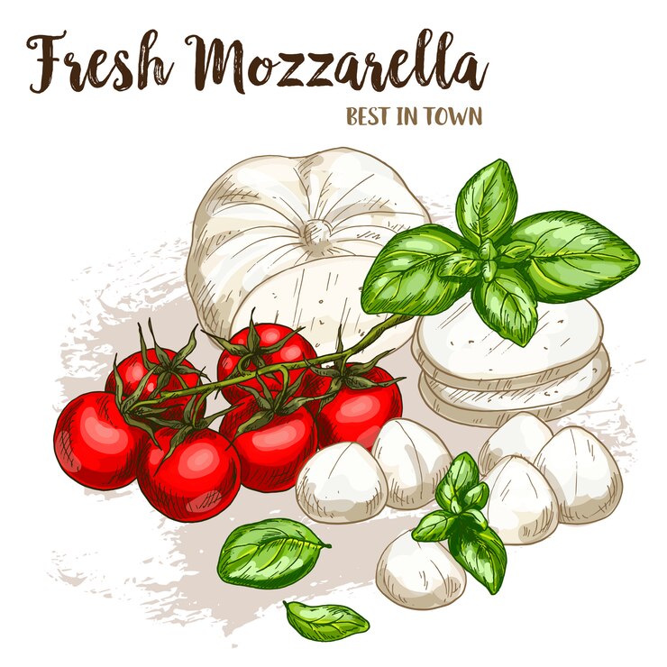 Vettore illustrazione realistica di schizzo di colore pieno della mozzarella