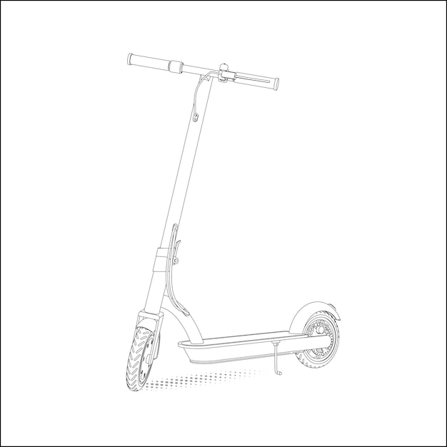 Illustrazione realistica di uno scooter elettrico in uno stile lineare su sfondo bianco. Vista in prospettiva.