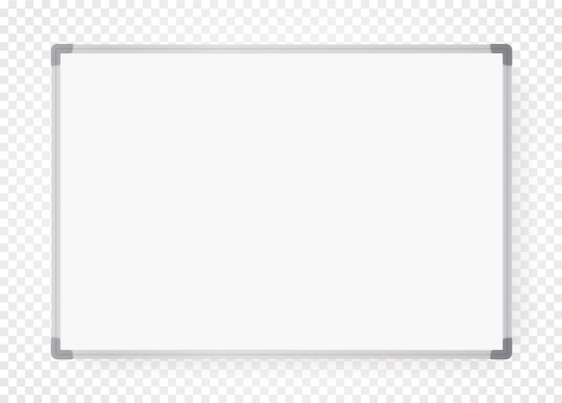 Illustrazione realistica di vettore del bordo bianco vuoto dell'ufficio. Lavagna vuota della scuola isolata su sfondo trasparente. Marcatore orizzontale e lavagna magnetica per elementi di design per presentazioni aziendali