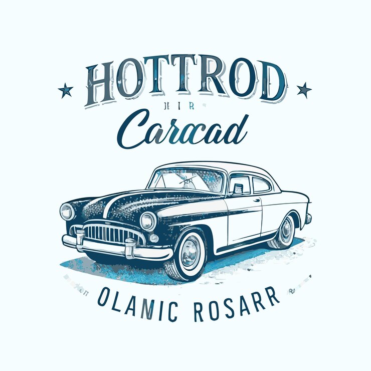 Vettore illustrazione retrò d'epoca disegnata a mano di un'auto hotrod classica con distintivo