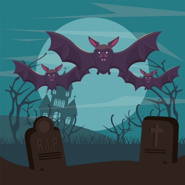Illustrazione scura di Halloween con la volata dei pipistrelli
