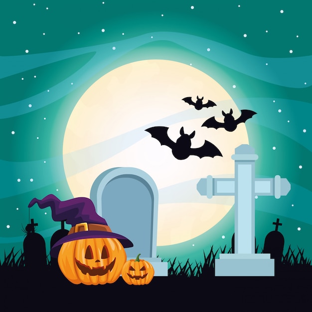 Illustrazione scura di Halloween con le zucche in cimitero