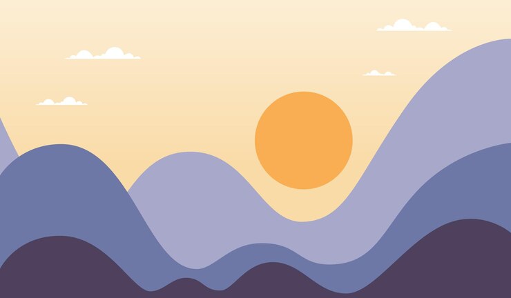 Illustrazione semplice di monti con il sole sopra e le nuvole intorno