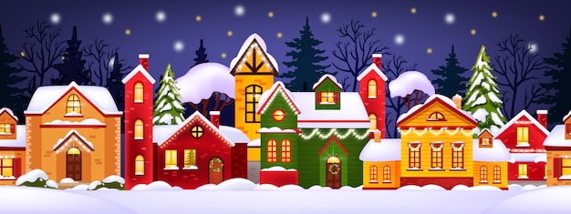 Illustrazione senza giunte di inverno di Natale con case per le vacanze decorate, neve, città, sagoma di alberi
