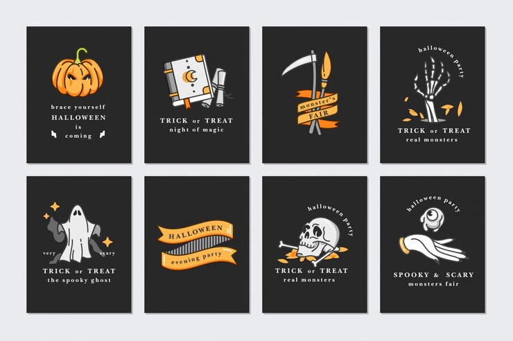 Vettore illustrazione set di icone lineari per happy halloween. happy halloween biglietti di auguri su sfondo nero.