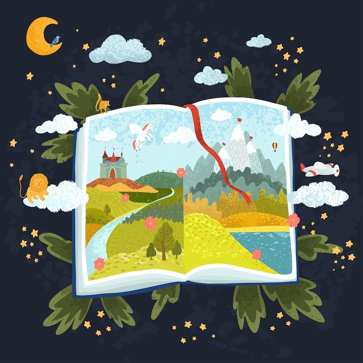 Vettore illustrazione strutturata colorata del libro aperto delle fiabe sullo sfondo del cielo notturno con la luna