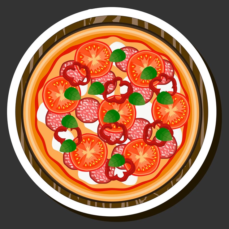 Vettore illustrazione sul tema grande pizza calda e gustosa al menu della pizzeria